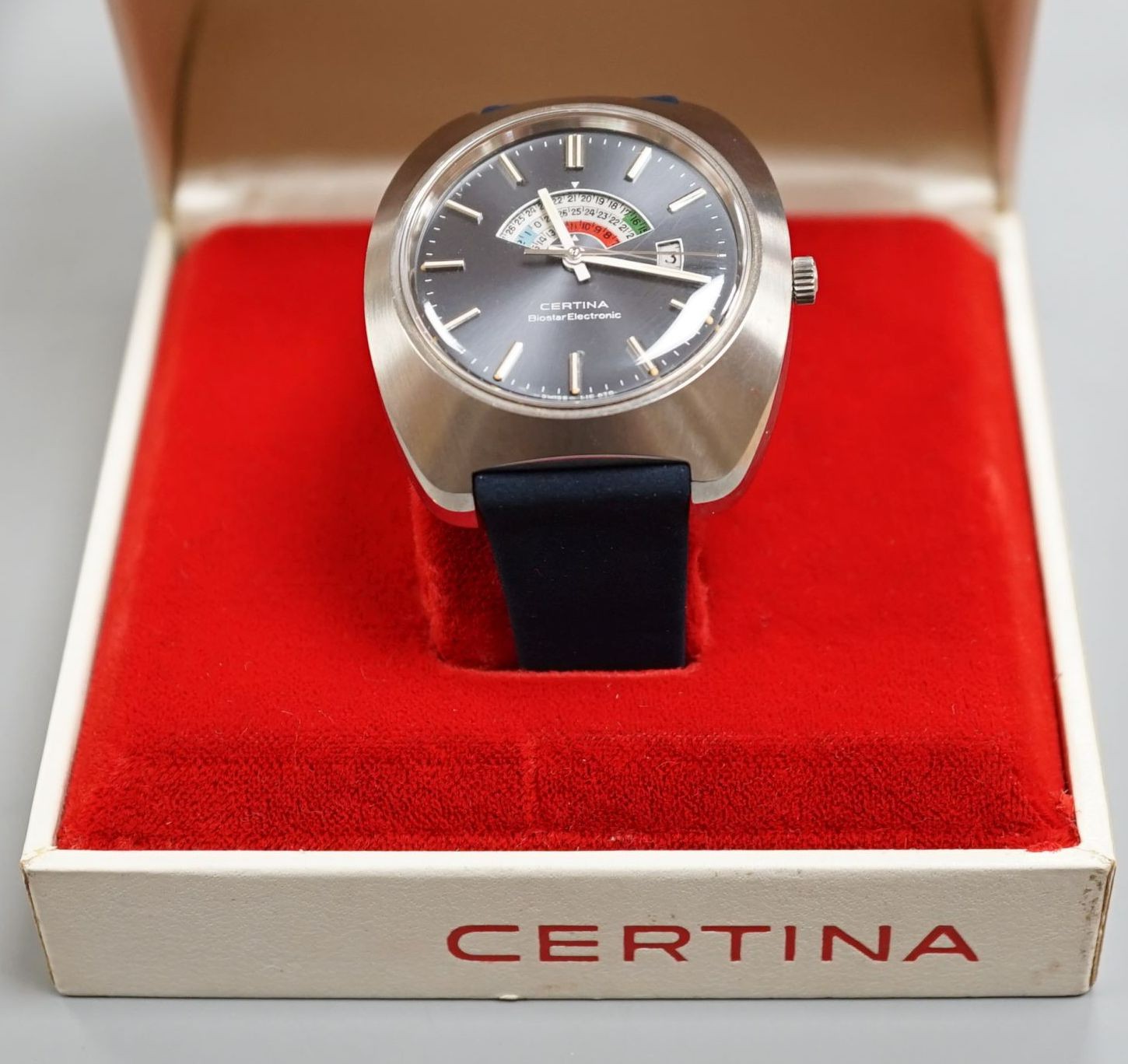 A gentleman's 1970's steel Certina Biostar Electronic wrist watch, on Certina strap, case diameter 40mm, with Certina box.